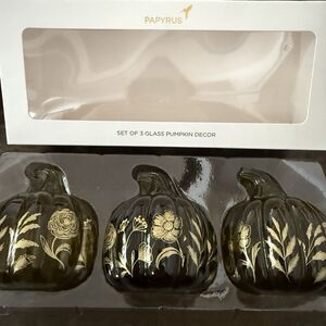 PAPYRUS Set Of 3 GLASS PUMPKIN Gold Decor Fall October Thanksgiving NIB